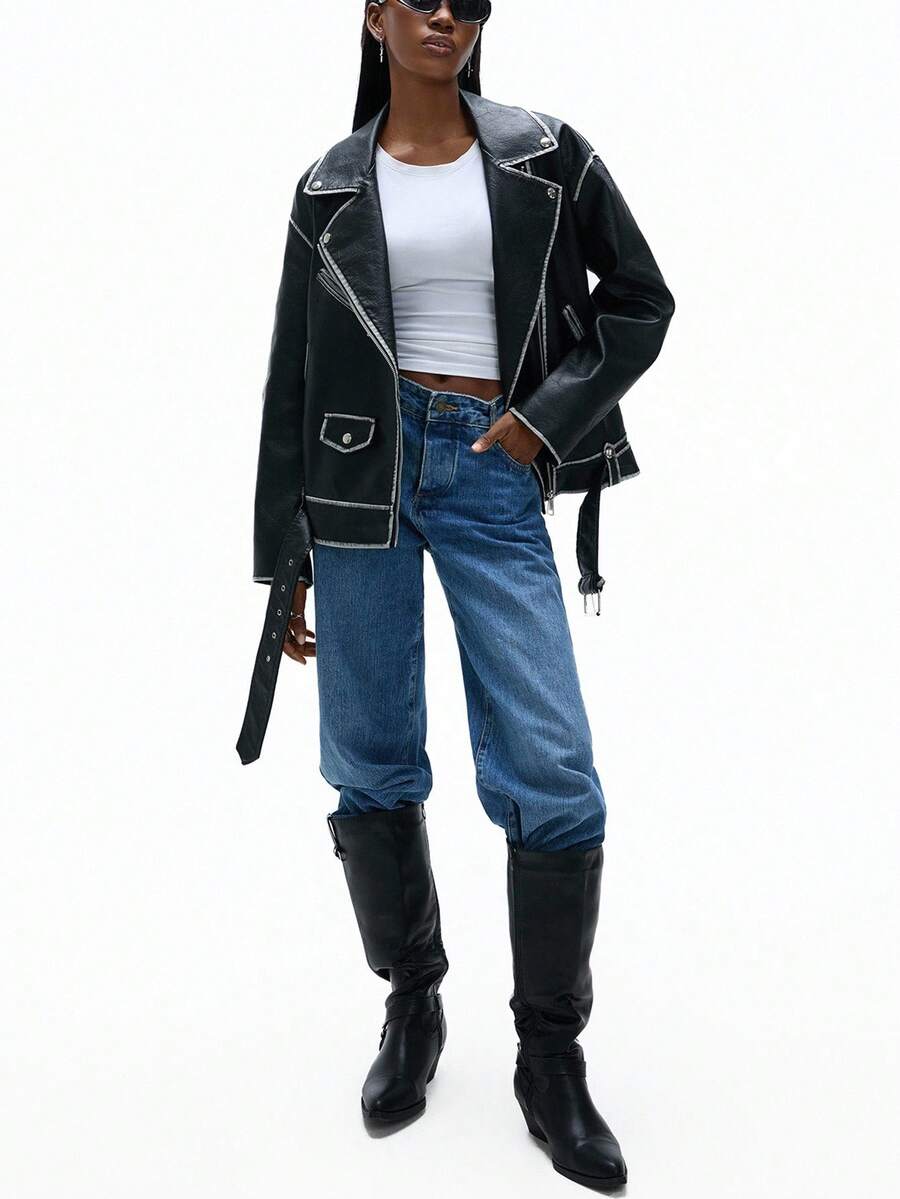 Aveloria GENKIRA New Loose Fit Vintage Lapel Hem Tie Waist Motorcycle Leather Jacket - Black - View 1