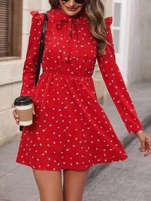 EMERY ROSE Vestido elegante de manga larga con cuello de corbata, hombros con parches, volantes en el bajo y estampado floral diminuto - Rojo - Ver 3