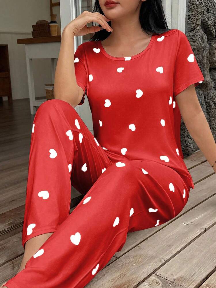 SHEIN Ensemble pyjama femme avec imprimé cœur, col rond et manches courtes - Rouge - Voir 3