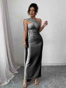 Elenzga Đầm Maxi Dự Tiệc Sang Trọng, Nhẹ, Gợi Cảm, Không Đối Xứng, Vai, Eo, Ôm Sát, Dệt Kim Sáng Bóng, Co Giãn, Thoải Mái, Sang Trọng, Thoải Mái, Dành Cho Đêm Hẹn Hò/Tiệc - màu đen - Xem 3