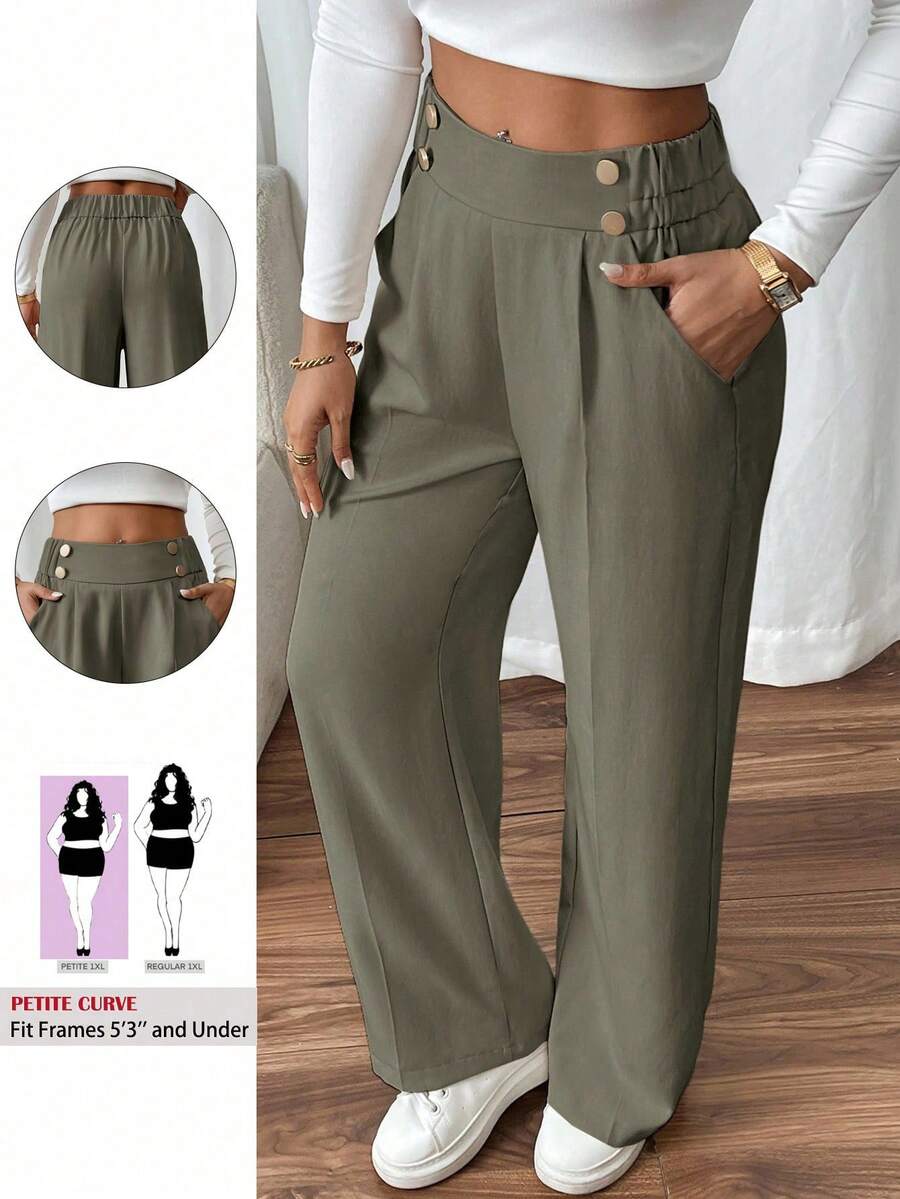 SHEIN PETITE CURVE 大码女式双扣直筒优雅通勤裤 - 軍綠色 - 查看 1