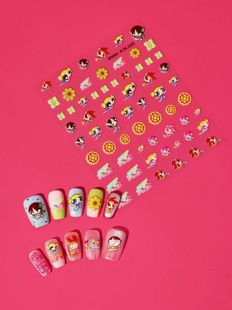 FanGlow THE POWERPUFF GIRLS X SHEIN 1 miếng dán móng tay hình hoạt hình dễ thương - Miếng dán móng tay tự dính dành cho nữ, hiệu ứng nổi 5D, chủ đề dễ thương, vui nhộn và tinh tế, dễ dán để trang trí móng tay, tự làm, quà tặng ngày lễ, phong cách tiệc tùng. - Nhiều màu - Xem 1