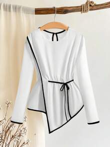 Camisa casual com gola redonda, manga longa, amarração na cintura e barra assimétrica para meninas pré-adolescentes - Branco - Visão 2