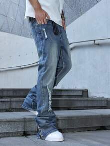 Manfinity Roughcore Quần Jeans Nam Ống Thẳng Rách Thời Trang Đường Phố Thường Ngày Quần Jeans Nam Xếp Chồng - Rửa trung bình - Xem 6