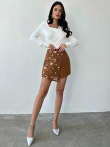 Firerie Falda-pantalón casual y elegante de patchwork marrón con bordados y cuentas, ideal para vacaciones, festivales de música, uso diario y urbano. Cintura baja, corte recto y suelto, adecuada para otoño/invierno, ropa de mujer, vuelta al colegio - Marrón - Ver 7