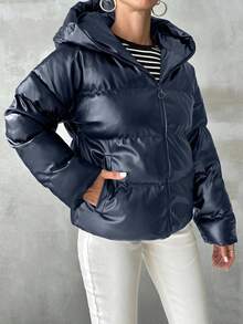 EURMUSE Abrigo acolchado para mujer, unicolor, de moda para el invierno - Azul Marino - Ver 6
