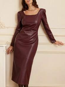 GENKIRA New Arrival PU Fabric Elegant High-End Classy Square Collar Waist Cinched Slit Maxi Long Sleeve Dress - Burgundy - View 3