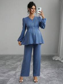 Momance 2pcs Maternity Set: Long Sleeve Shirred Button Front Cardigan With Shirred Waist Design, Loose Fit Maternity Pants - Blue - View 5