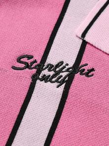 Manfinity EMRG Men's Casual Loose Fit Letter & Striped Pattern Pink Long Sleeve Sweater, Autumn