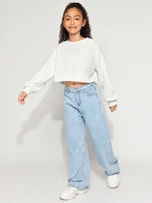 Radiana Tween 女童休闲运动百搭白色纹理圆领宽松短款套头运动衫 - 白色 - 查看 7