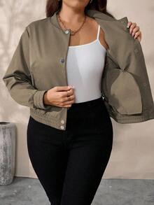 SHEIN Plus Size Women's Solid Color Casual Jacket Fall Winter Cloth For Women Autumn - Army Green - View 4
