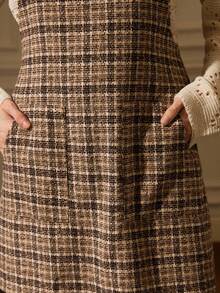 Écloséra Women's Simple Casual Brown Dress Plaid Double Pocket Wide Shoulder Strap Suspender Skirt Women's Autumn Dress For Going Out Female Country Style