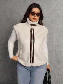 Elaquor Plus Size Women Casual Minimalist All-Match Versatile Urban Relaxed Faux Suede Sherpa Colorblock Jacket, Autumn/Winter Plus Size Jackets Plus Size Vest Plus Size Winter Clothes Plus Size Fall Clothing Zip Up Vest - Apricot - View 5