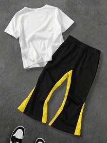 SHEIN 2 Stücke Baby Jungen Lässig Cartoon Muster Kurzarm Top und weite Hose Strick Set, geeignet für den Sommer