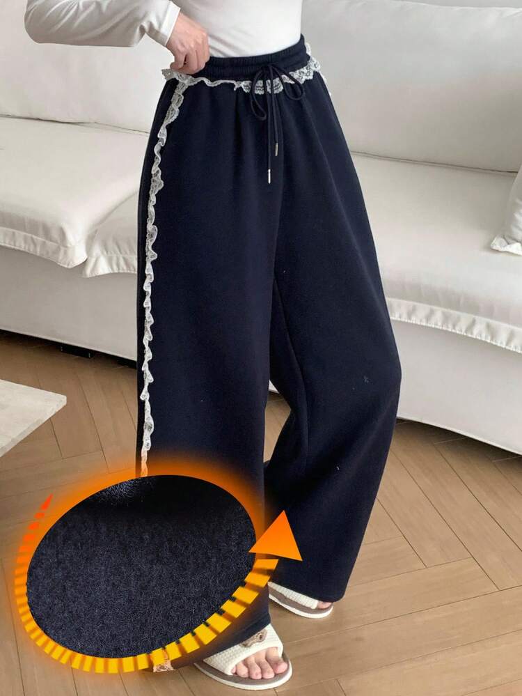 Contrast Color Lace Trim Patchwork Loose Women Pajama Bottoms, Fall