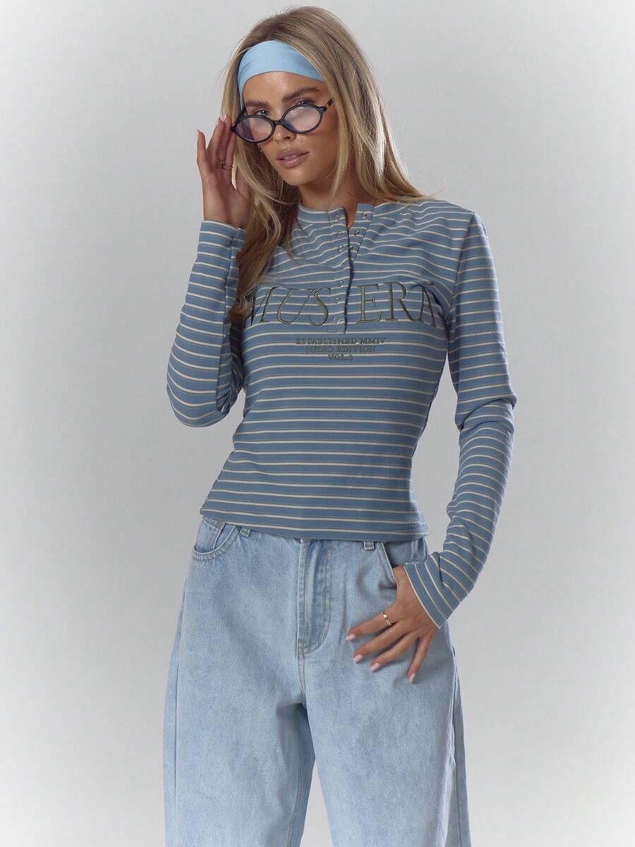 MUSERA Top de manga larga ajustado con bordado a rayas, acogedor, lindo, casual, elegante para otoño, primavera, verano y días festivos como Pascua - Multicolor - Ver 1