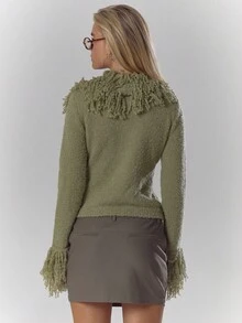 MUSERA Knit Shaggy Trim Fitted Cardigan Fall Autumn Cosy Fluffy Cute Casual Coffee Club Winter  Evening Party Elegant  Spring Sweater