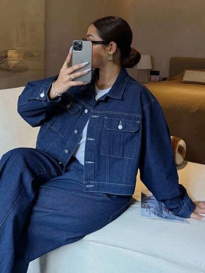 SHEIN Tall CURVE Plus Size Fall Autumn Winter Halloween Christmas New Year Business Casual Woman Country Vintage Modest Old Money Business Casual Woman Work Clothes Casual Commuter Denim Jacket + Pants 2 Pieces Set Travel, Commuting, Party, Vacation, Old Money Style, Shopping, Banquet, Elegant, Party, Date