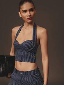 Hauture Formal Old Money Business Office Sexy Suiting Stripes Sweetheart Backless Bustier Tank Top - Navy Blue - View 1
