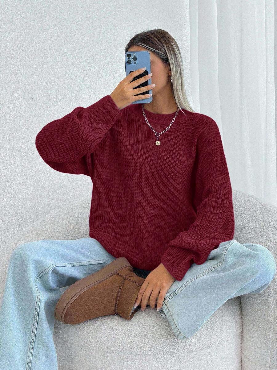 EURMUSE Women Solid Color Round Neck Drop Shoulder Chunky Pullover - Burgundy - View 1