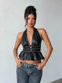 Aloruh 优雅性感露背挂脖上衣 - 黑色 - 查看 7