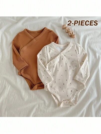 Loomiva 2pcs/Set Baby Girl/Boy All-Match Solid Color Dotted Pattern Soft Knit Crew Neck Long Sleeve Bodysuit, Autumn/Winter Neutral Baby Clothes Unisex Mocha Baby Clothes Brown Baby Clothes Newborn Neutral Outfit Baby Clothes Fall