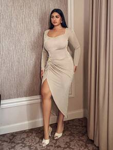 Cravure Vestido de manga larga con abertura en el bajo y cintura ceñida en unicolor para mujer de talla grande - Albaricoque - Ver 5