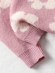 SHEIN 青少年女孩休闲粉色花卉提花宽松套头衫和喇叭裤套装，适合居家和户外，秋冬季