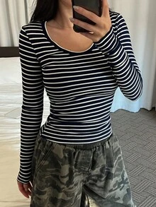DAZY 女式基本款休闲条纹圆领长袖T恤 - 藍白色 - 查看 4