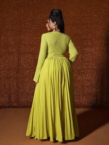 Maweii Plus Size Women Spring Ruffle High Slit Long Sleeve Dress - Green - View 2