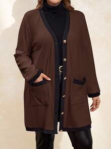 SHEIN Clasi Plus Size Women Elegant,Comfortable Metal Button Closure Long Warm Cardigan,Black & White,For Autumn,Office,Ladies Windbreaker,Business Casual Winter - Chocolate Brown - View 5