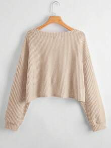 SHEIN Unity 女士纯色V领落肩长袖休闲宽松T恤 - 杏色 - 查看 2