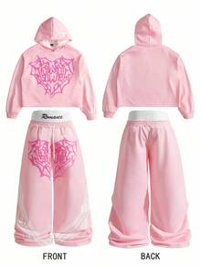 Manfinity EMRG 男士街头风流行INS风蜘蛛网3D刺绣运动裤+保暖连帽衫套装，户外音乐节、夜店送给男友/老公的礼物，周年纪念礼物，粉色系服装，粉色街头风韩流服饰，两件套粉色系穿搭，秋冬款 - 粉色 - 查看 3