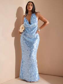 SHEIN BAE 大码春夏蓝色挂脖不对称摆领金属扣装饰露背鱼尾摆海边度假派对亮片长裙，度假连衣裙，蓝色亮片闪光连衣裙 - 藍色 - 查看 7