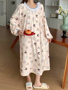 DAZY Camisola Longa Solta Feminina com Estampa de Filhote de Cachorro Cartoon, Gola Babado com Recorte Contrastante, Pijama de Outono - Damasco - Visão 4