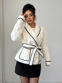 SHEIN Elenzya 女士撞色腰部设计钻石绗缝夹克，优雅适合日常通勤、商务、法式浪漫约会、派对、圣诞节、秋冬长袖杏色常规外套 - 杏色 - 查看 5