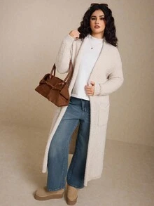 Elaquor Áo khoác len cardigan dài màu trơn cỡ lớn dành cho nữ, dày và ấm áp cho mùa thu/đông - Xám - Xem 6