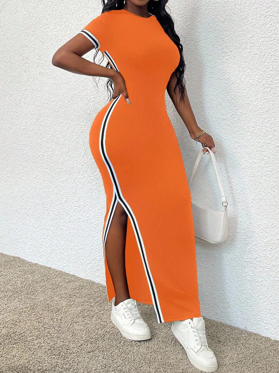 EMERY ROSE Women's Slim Fit Round-Neck Contrasting Color Trim Split Dress For Spring And Summer Maxi Women Outfit