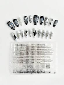 ROMWE Anime 10 件可爱翅膀、玫瑰、蝴蝶结、音符、星星元素高品质手工假指甲 + 3 件双面胶，Y2K 风格水钻粉色波尔卡圆点白色蕾丝可移除美甲贴纸，适合节日、派对、舞蹈和日常穿着 - 彩色 - 查看 3