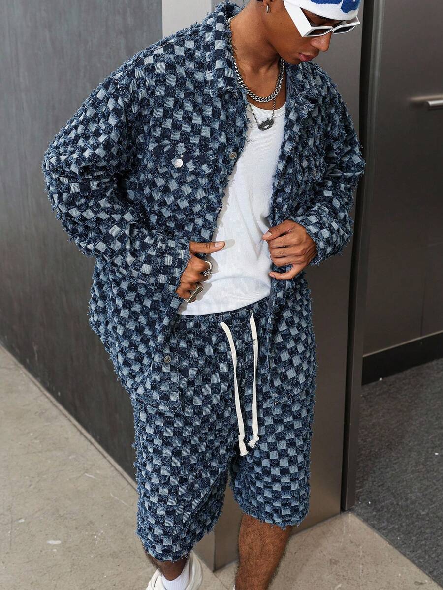 PAVTROS 男士格纹长袖夹克和抽绳腰短裤休闲牛仔套装，秋季 - 藍色 - 查看 1