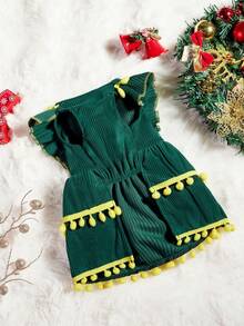 PETSIN 1pc Pet Christmas Green Corduroy Ruffled Bow Pom-Pom Decorated Cute Dress - Green - View 3