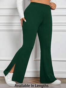 SHEIN PETITE CURVE Plus Petite 女士开衩喇叭裤 - 墨綠色 - 查看 1