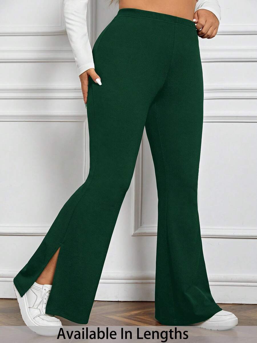 SHEIN PETITE CURVE Plus Petite 女士开衩喇叭裤 - 墨綠色 - 查看 1