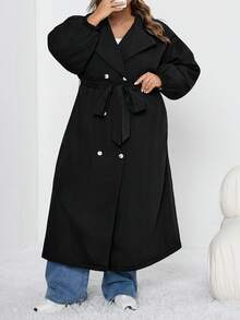 SHEIN CURVE+ 女士加大码黑色长款加厚保暖防风外套，黑色长袖简约休闲日常秋冬外套 - 黑色 - 查看 5