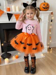 SHEIN Vintaside Kids 女婴万圣节休闲紫色毛衣，带有幽灵和花卉图案，柔软舒适，适合日常、郊游、旅行、度假、居家、日托、玩耍、派对、万圣节 - 粉色 - 查看 8