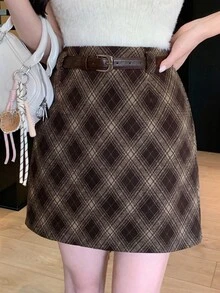 DAZY 女士格子A字迷你裙，休闲学院风秋冬女裙 - 棕色 - 查看 2