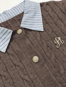 Zielony Fashionable Blogger-Inspired 2 In 1 Patchwork Knit Cropped Cardigan, European And American Style French Style Clothes Preppy Tops Ribbed Shirt Preppy Clothes In Women School Clothes Women - Mocha Brown - View 8