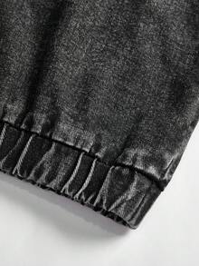 Tween Girl Washed Black Hooded Pocket Drawstring Cuff Casual Comfortable Vacation Fashion Street Soft Daily Wear Denim Sweatshirt Jacket, Thin, Spring/Autumn Fall Winter - Black - View 8