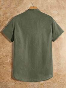 HIMLAND 男士休闲字母皮革贴片装饰立领修身短袖衬衫 - 綠色 - 查看 2