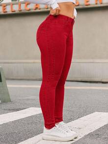 SHEIN ICON 大码女式纯色修身低腰休闲牛仔裤 - 紅色 - 查看 1